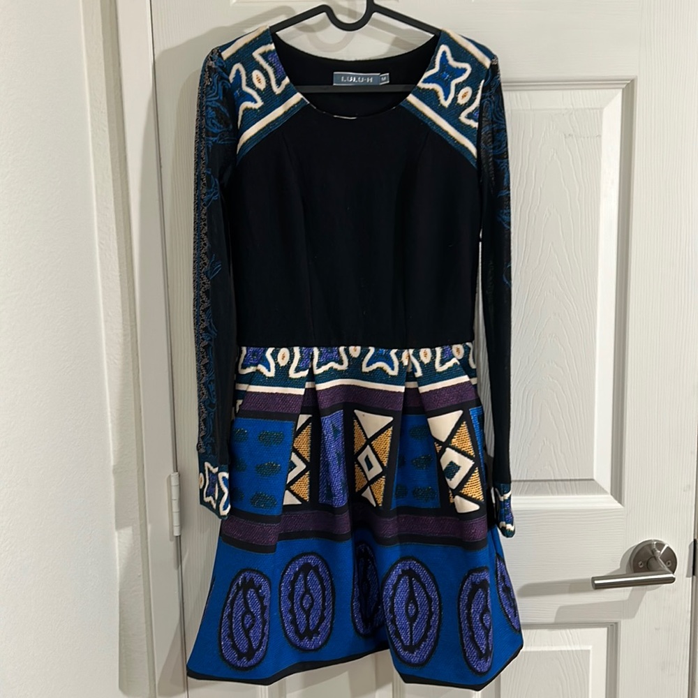 Lulu-H dress sheer sleeves, blue, yellow, purple patterns.